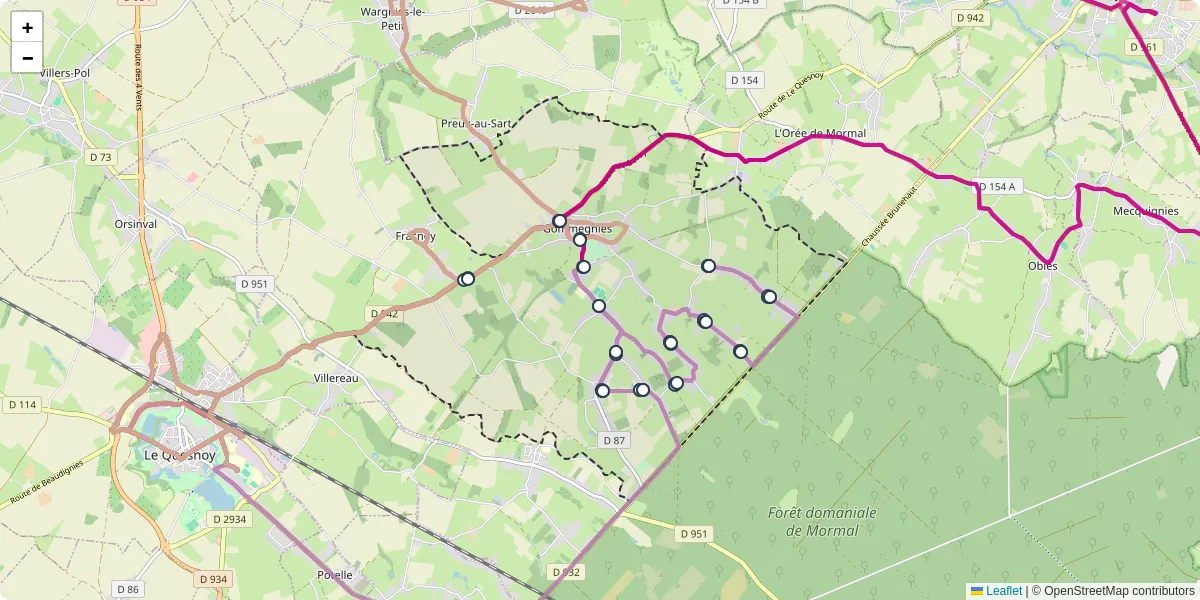Carte du réseau de transport en commun à Gommegnies - lignes de bus et arrêts