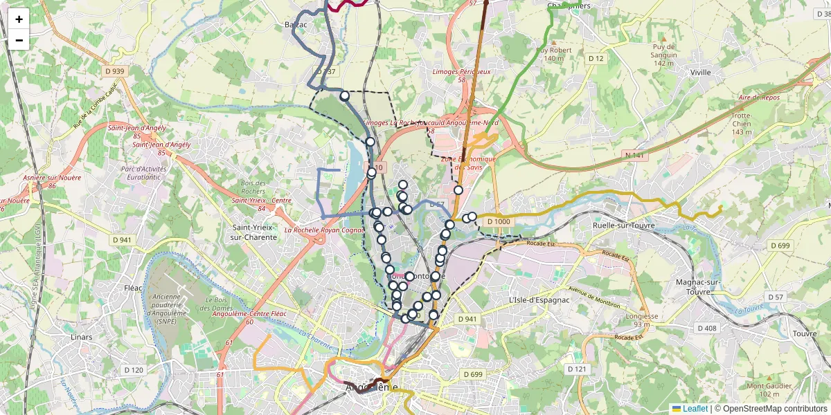 Carte du réseau de transport en commun à Gond-Pontouvre - lignes de bus et arrêts