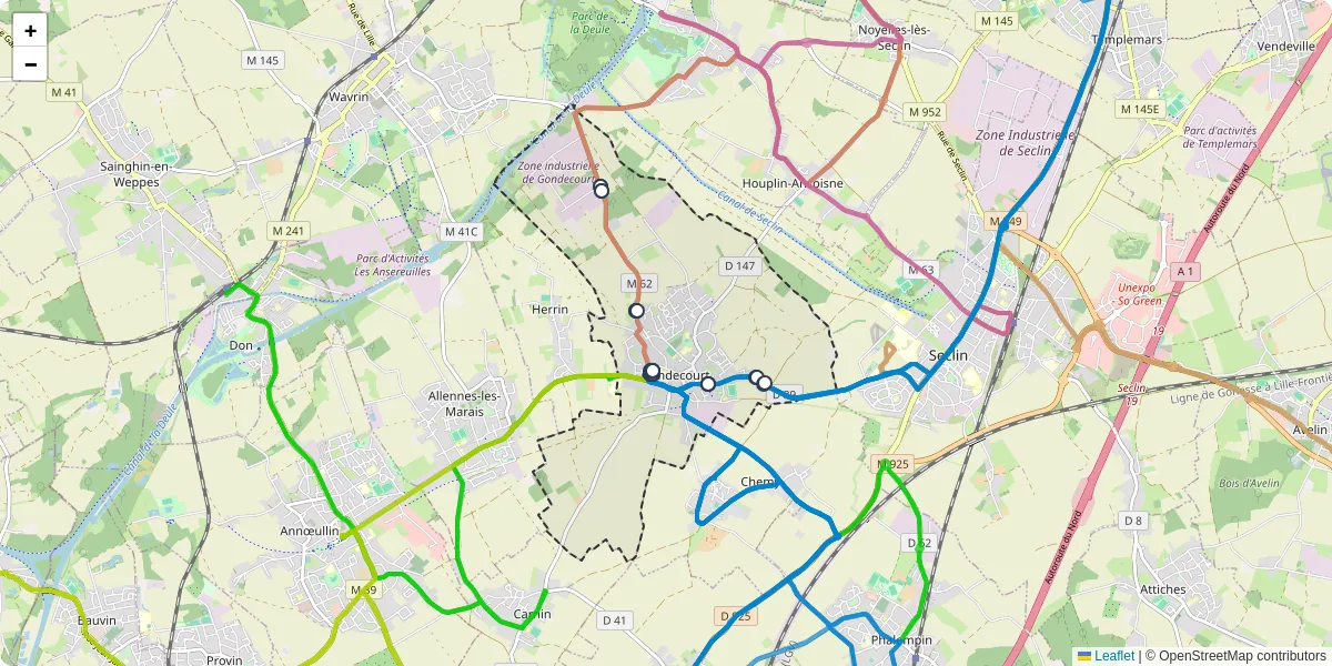 Carte du réseau de transport en commun à Gondecourt - lignes de bus et arrêts