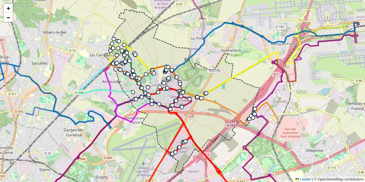 Carte du réseau de transport en commun à Gonesse - lignes de bus et arrêts