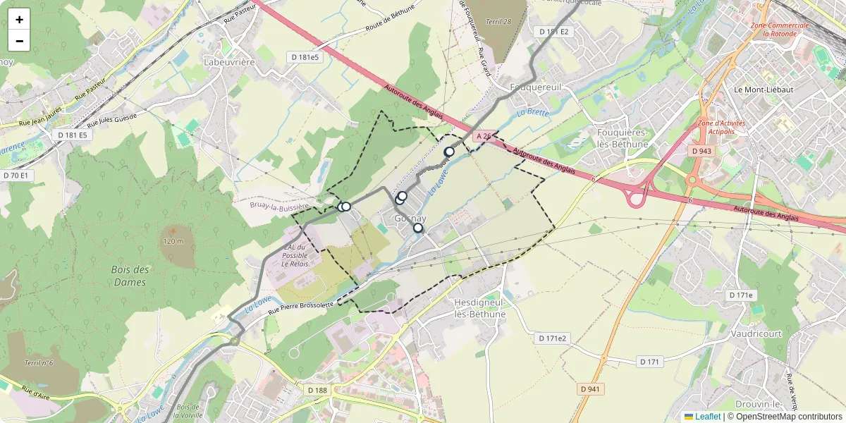 Carte du réseau de transport en commun à Gosnay - lignes de bus et arrêts