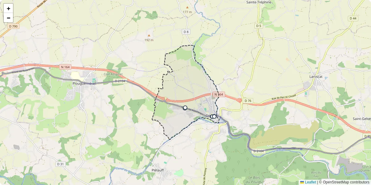 Carte du réseau de transport en commun à Gouarec - lignes de bus et arrêts