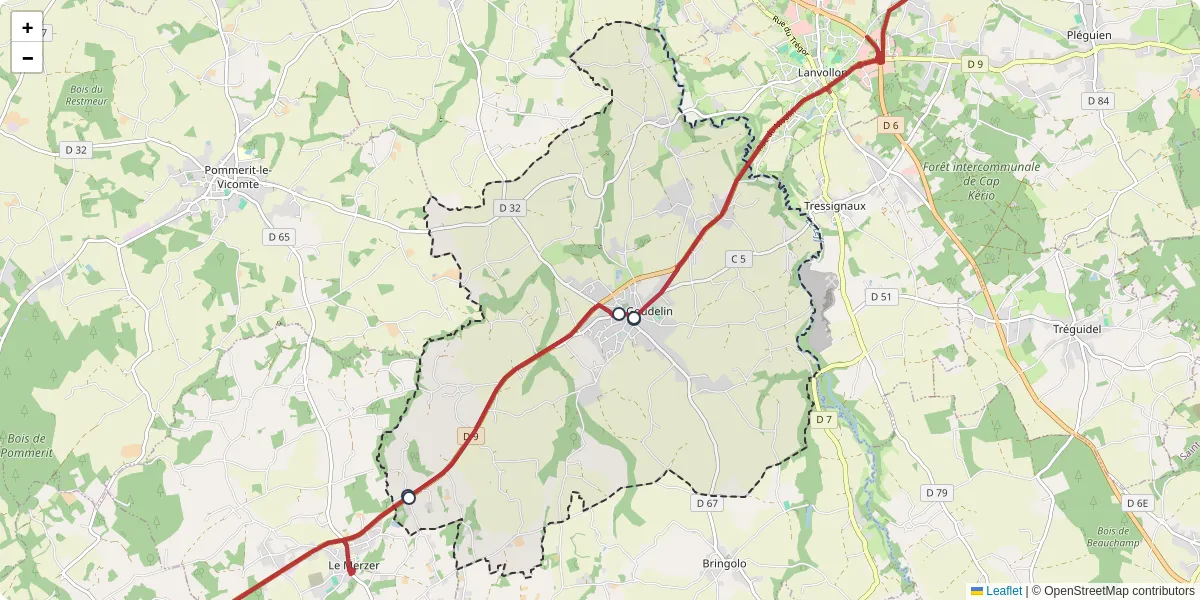 Carte du réseau de transport en commun à Goudelin - lignes de bus et arrêts