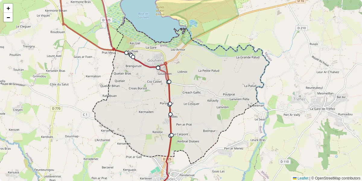 Carte du réseau de transport en commun à Goulven - lignes de bus et arrêts