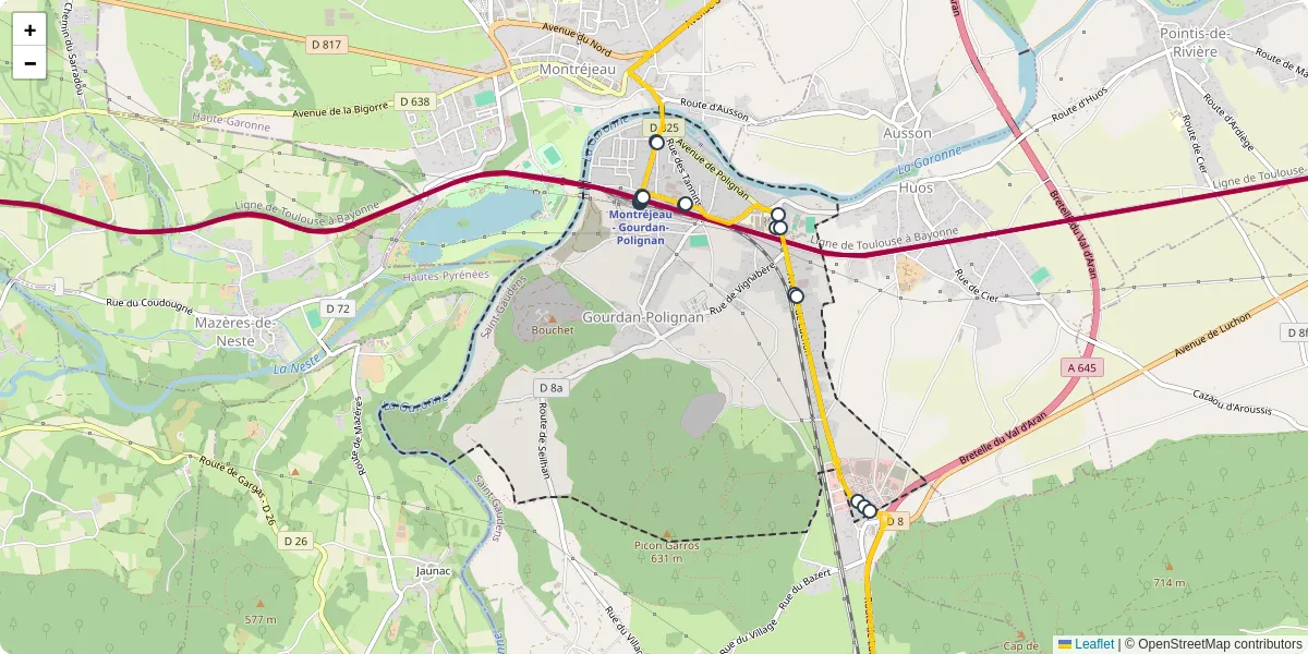 Carte du réseau de transport en commun à Gourdan-Polignan - lignes de bus et arrêts