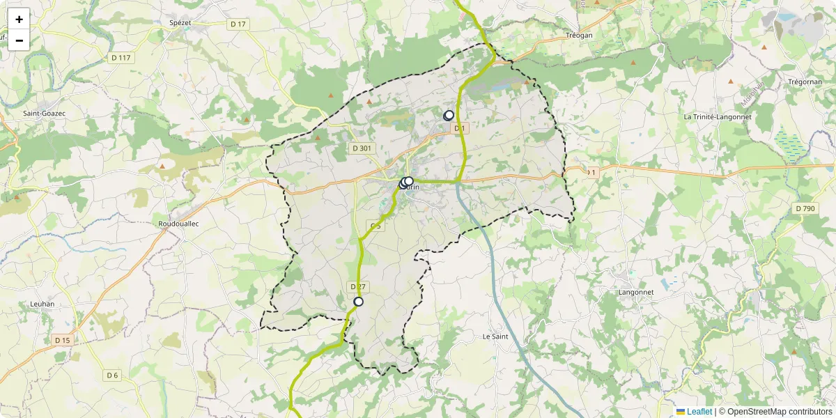 Carte du réseau de transport en commun à Gourin - lignes de bus et arrêts
