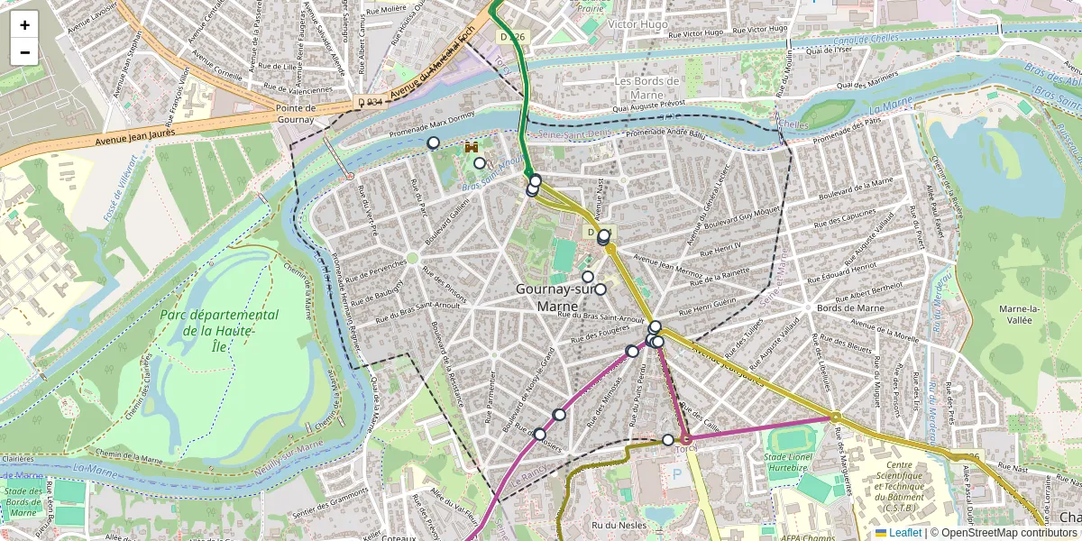 Carte du réseau de transport en commun à Gournay-sur-Marne - lignes de bus et arrêts