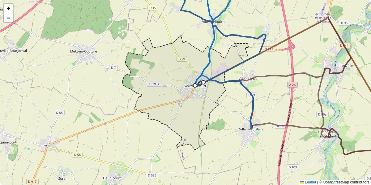 Carte du réseau de transport en commun à Gouzeaucourt - lignes de bus et arrêts