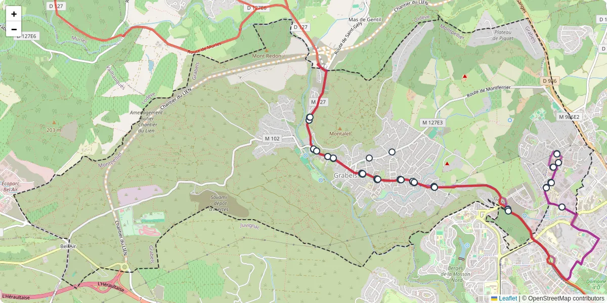 Carte du réseau de transport en commun à Grabels - lignes de bus et arrêts