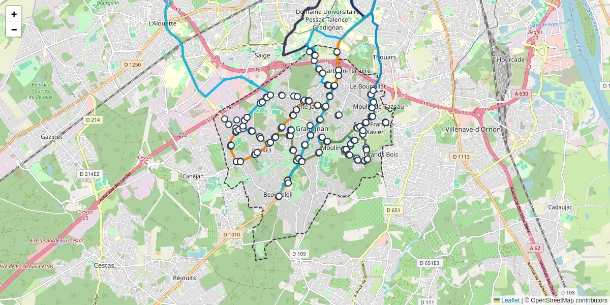 Carte du réseau de transport en commun à Gradignan - lignes de bus et arrêts