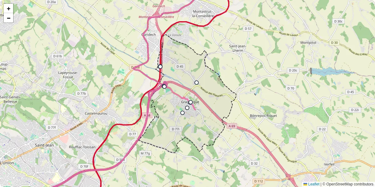 Carte du réseau de transport en commun à Gragnague - lignes de bus et arrêts