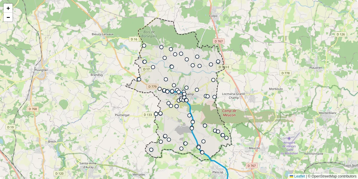 Carte du réseau de transport en commun à Grand-Champ - lignes de bus et arrêts