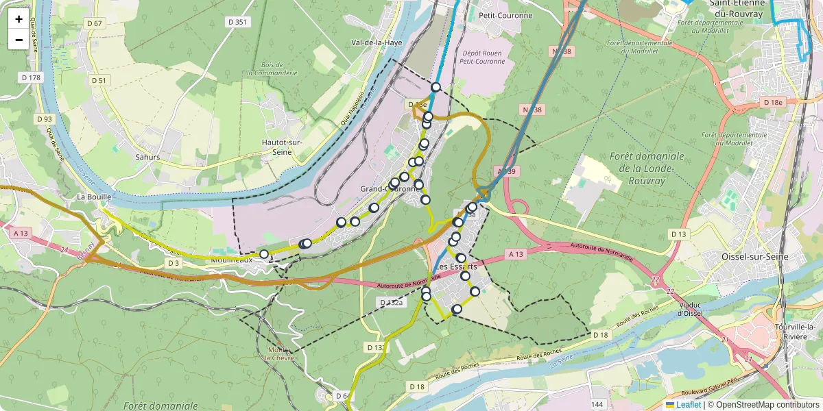 Carte du réseau de transport en commun à Grand-Couronne - lignes de bus et arrêts