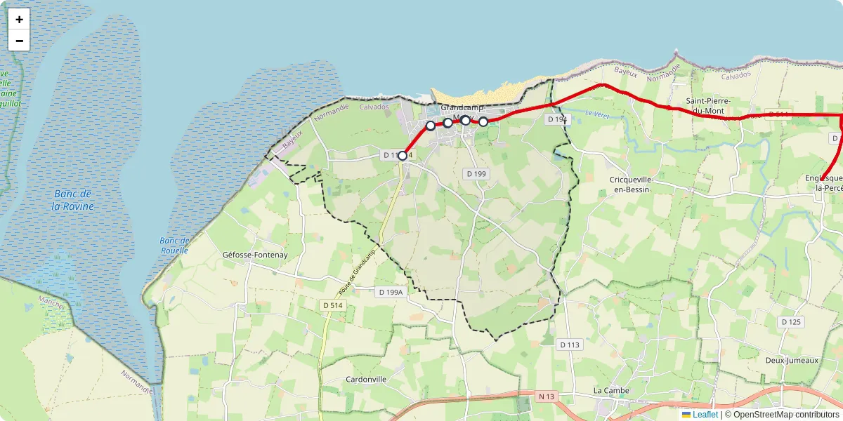 Carte du réseau de transport en commun à Grandcamp-Maisy - lignes de bus et arrêts