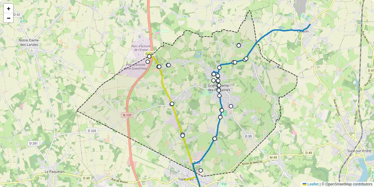 Carte du réseau de transport en commun à Grandchamp-des-Fontaines - lignes de bus et arrêts