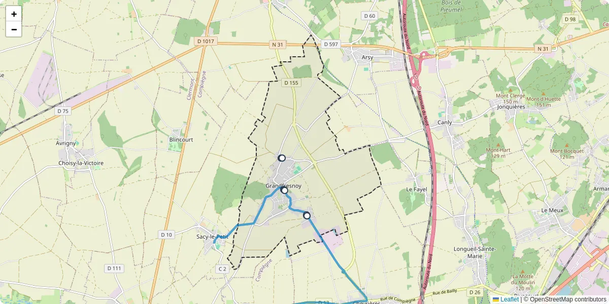 Carte du réseau de transport en commun à Grandfresnoy - lignes de bus et arrêts