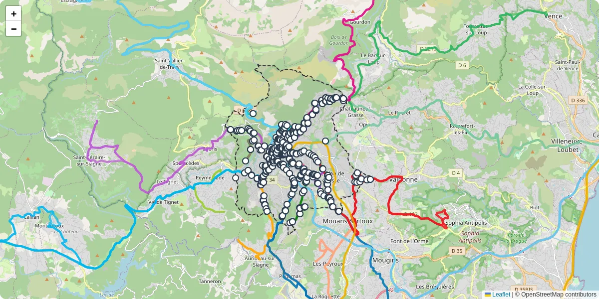 Carte du réseau de transport en commun à Grasse - lignes de bus et arrêts