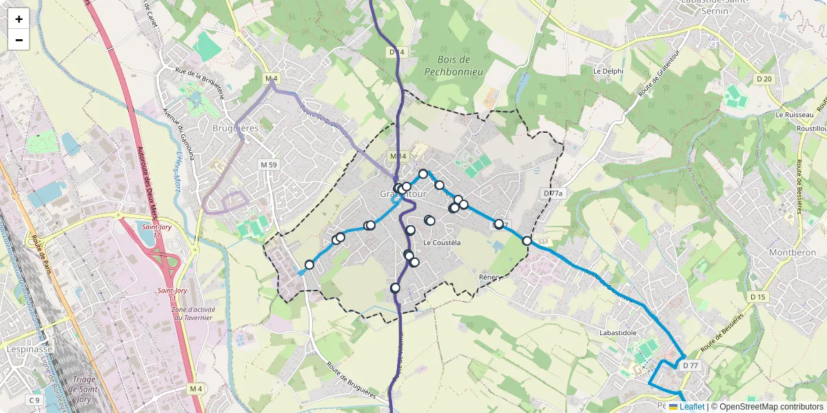 Carte du réseau de transport en commun à Gratentour - lignes de bus et arrêts