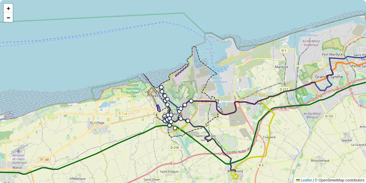 Carte du réseau de transport en commun à Gravelines - lignes de bus et arrêts