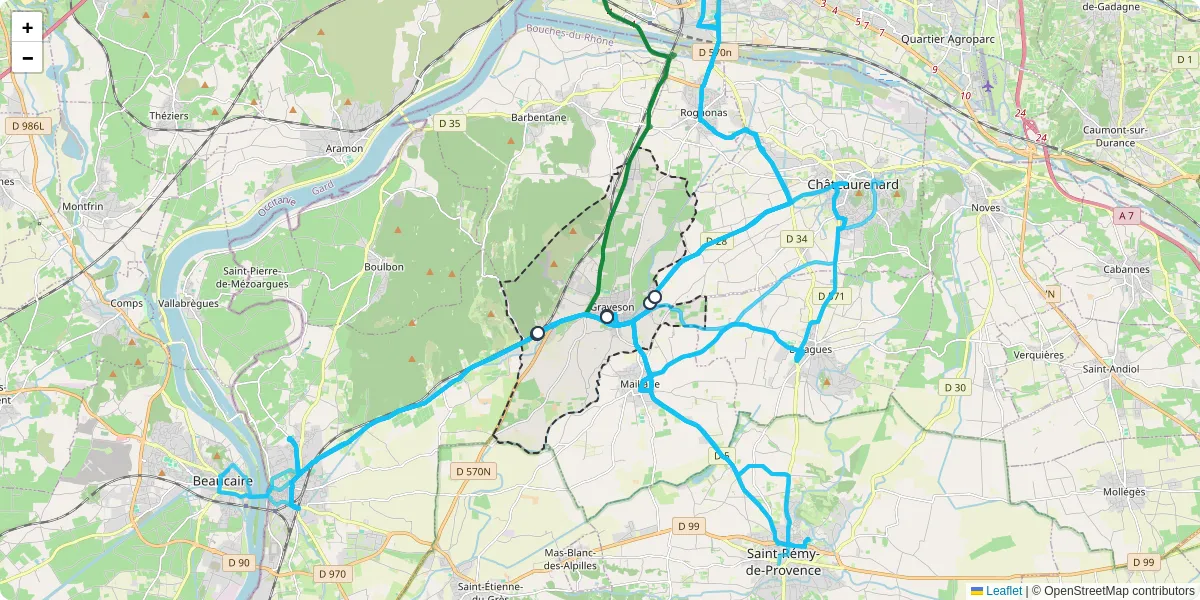Carte du réseau de transport en commun à Graveson - lignes de bus et arrêts
