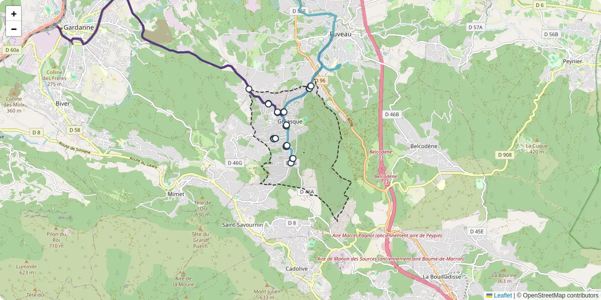 Carte du réseau de transport en commun à Gréasque - lignes de bus et arrêts