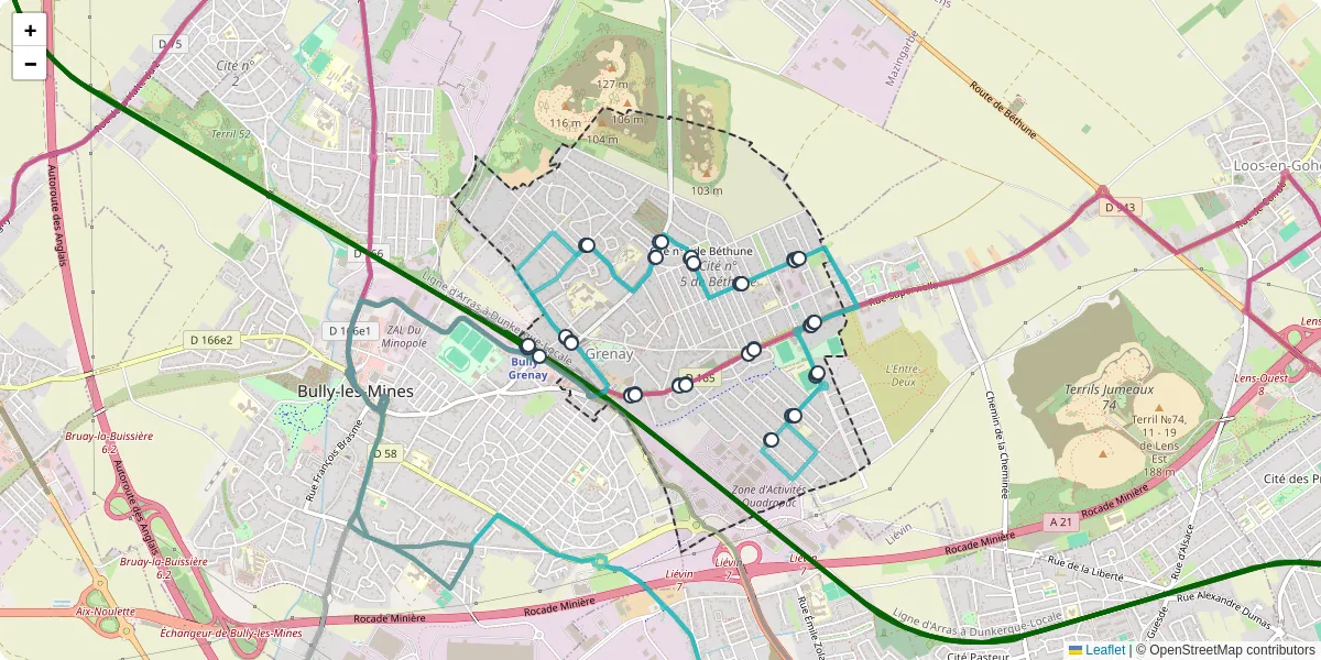 Carte du réseau de transport en commun à Grenay - lignes de bus et arrêts