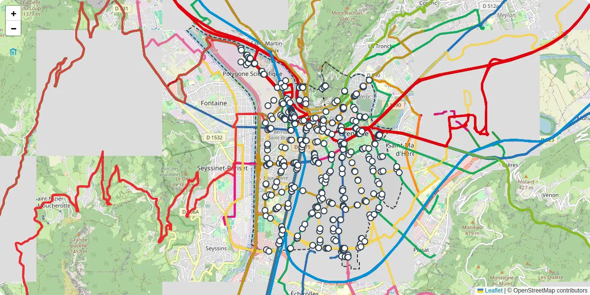 Carte du réseau de transport en commun à Grenoble - lignes de bus et arrêts