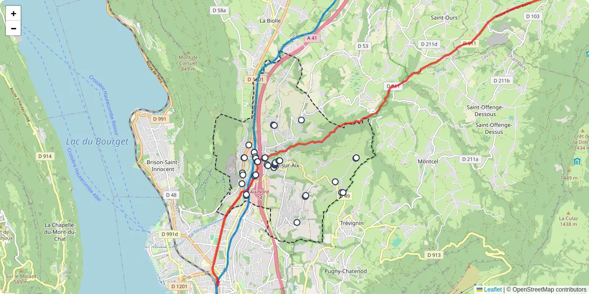 Carte du réseau de transport en commun à Grésy-sur-Aix - lignes de bus et arrêts