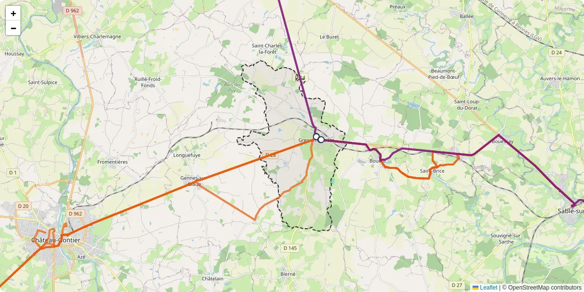 Carte du réseau de transport en commun à Grez-en-Bouère - lignes de bus et arrêts