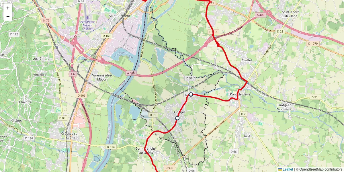 Carte du réseau de transport en commun à Grièges - lignes de bus et arrêts