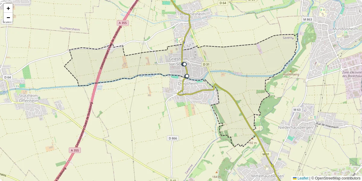Carte du réseau de transport en commun à Griesheim-sur-Souffel - lignes de bus et arrêts