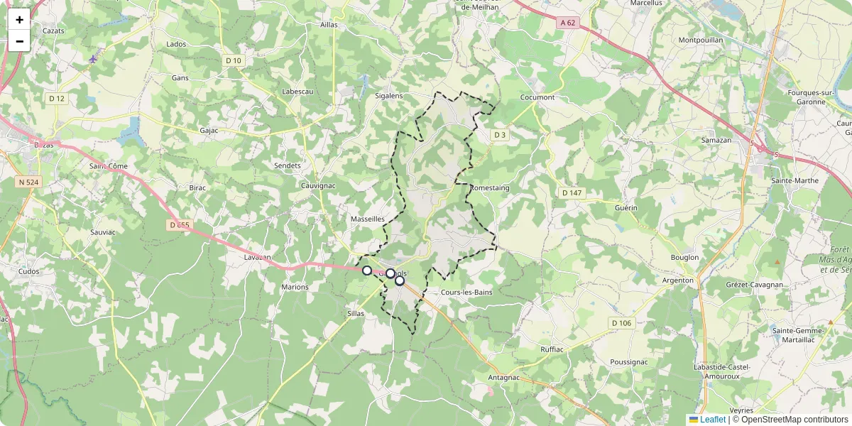 Carte du réseau de transport en commun à Grignols - lignes de bus et arrêts