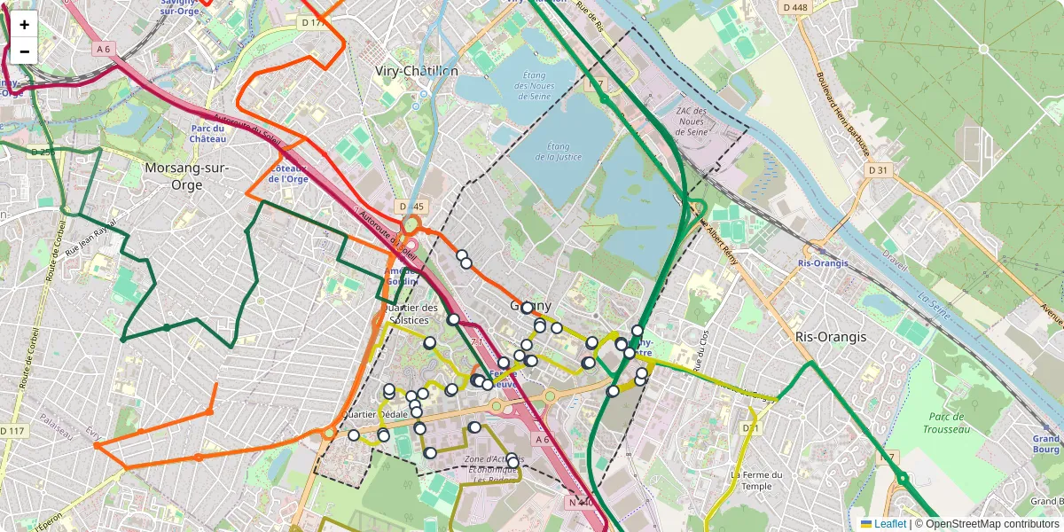 Carte du réseau de transport en commun à Grigny - lignes de bus et arrêts
