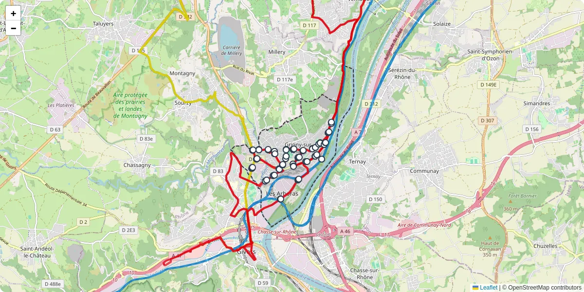 Carte du réseau de transport en commun à Grigny-sur-Rhône - lignes de bus et arrêts