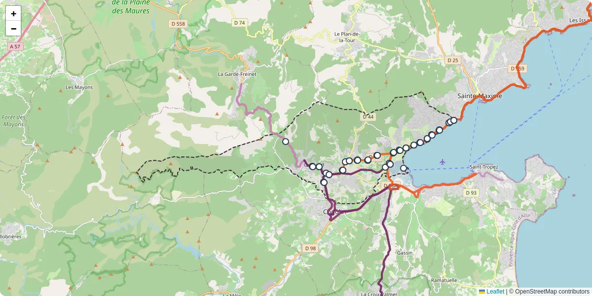 Carte du réseau de transport en commun à Grimaud - lignes de bus et arrêts
