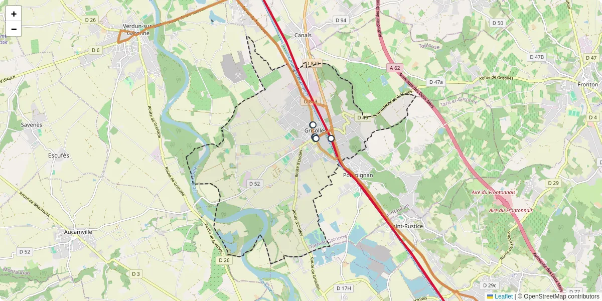 Carte du réseau de transport en commun à Grisolles - lignes de bus et arrêts