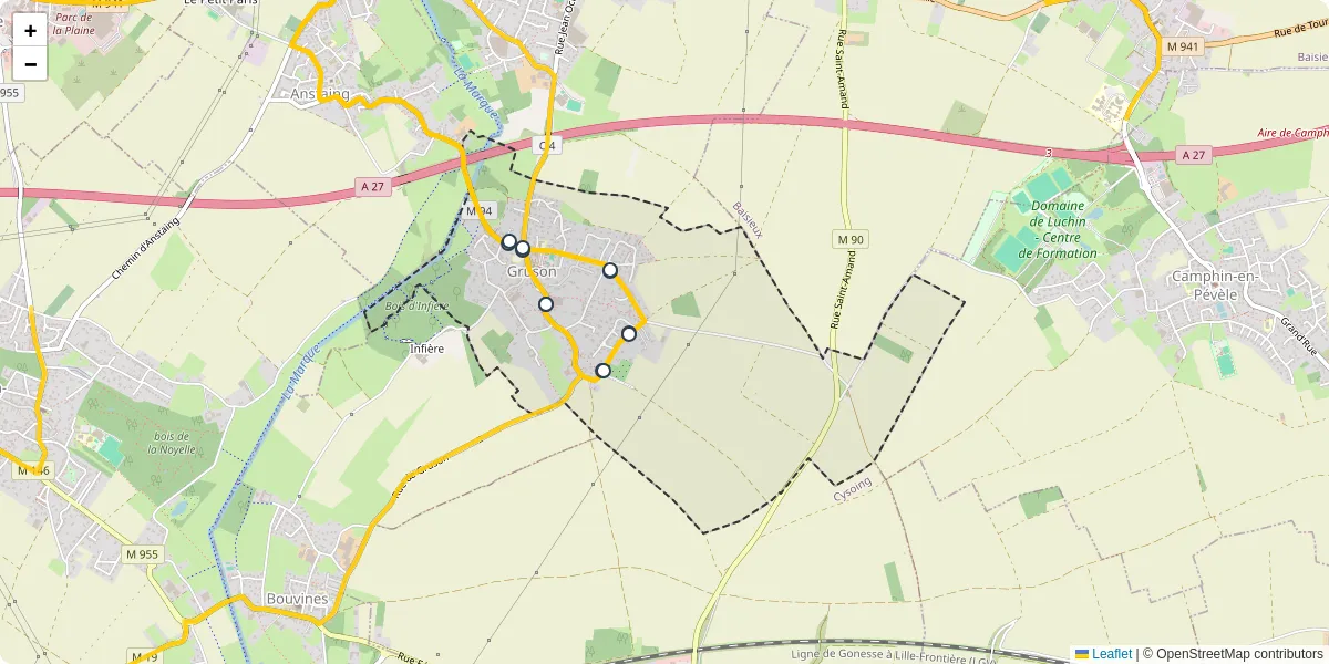 Carte du réseau de transport en commun à Gruson - lignes de bus et arrêts