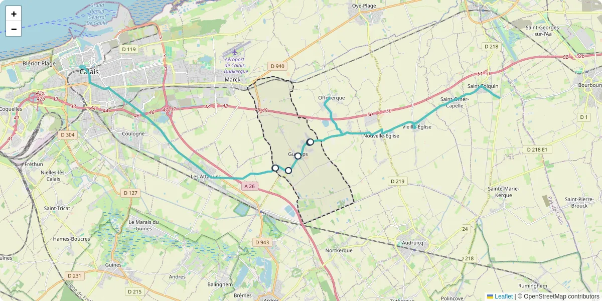 Carte du réseau de transport en commun à Guemps - lignes de bus et arrêts