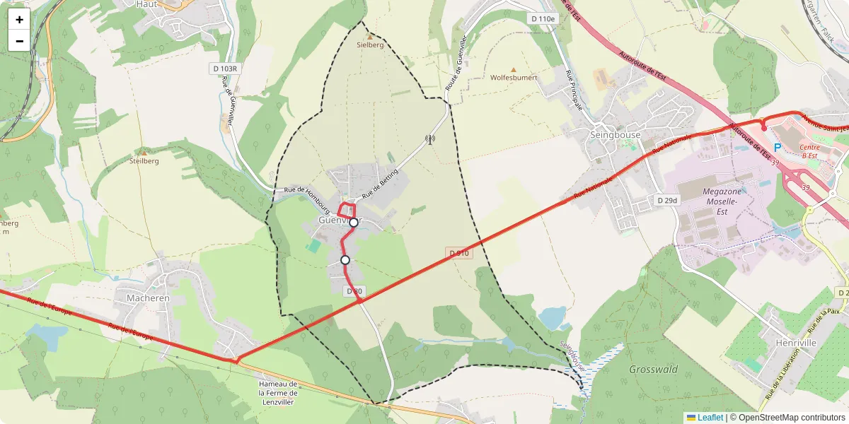 Carte du réseau de transport en commun à Guenviller - lignes de bus et arrêts