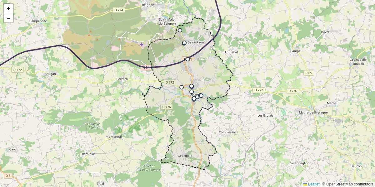 Carte du réseau de transport en commun à Guer - lignes de bus et arrêts