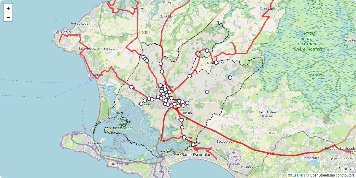 Carte du réseau de transport en commun à Guérande - lignes de bus et arrêts