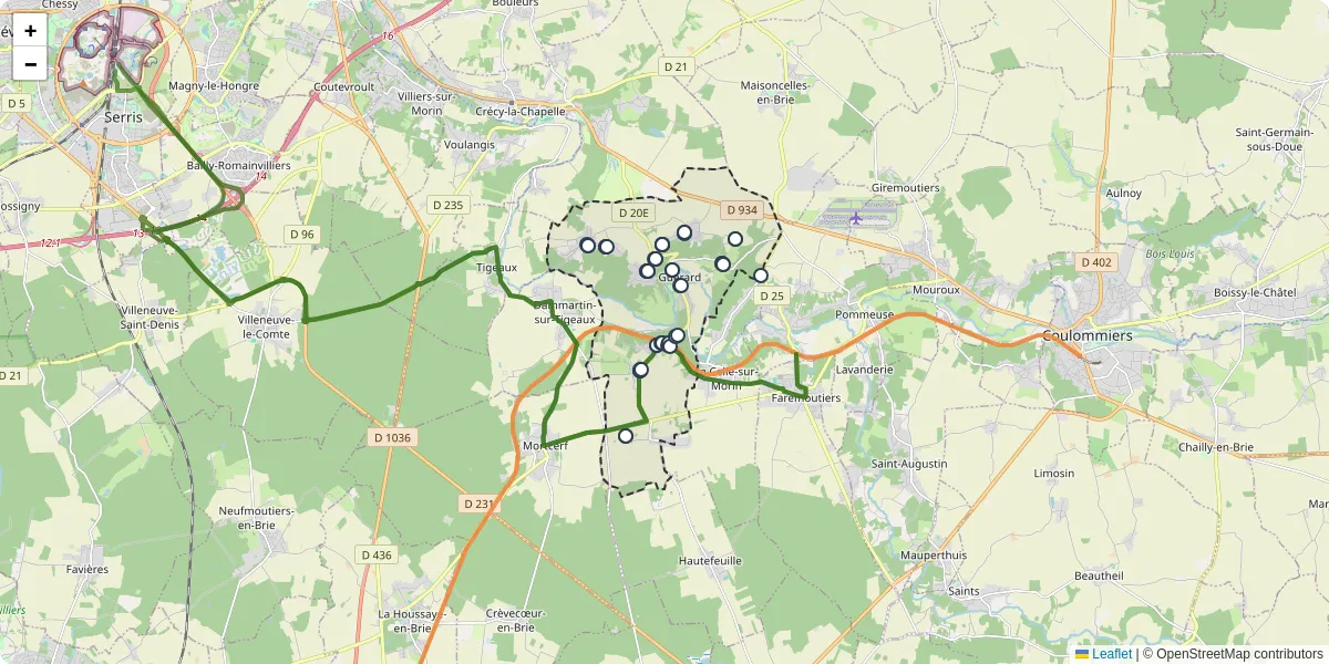 Carte du réseau de transport en commun à Guérard - lignes de bus et arrêts