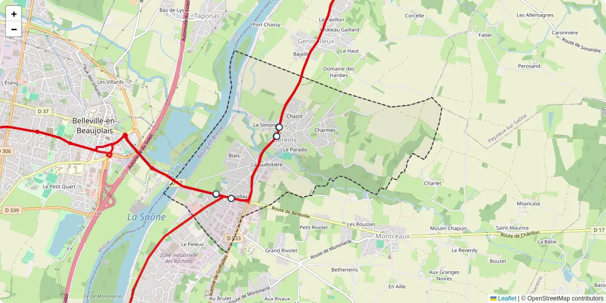 Carte du réseau de transport en commun à Guéreins - lignes de bus et arrêts