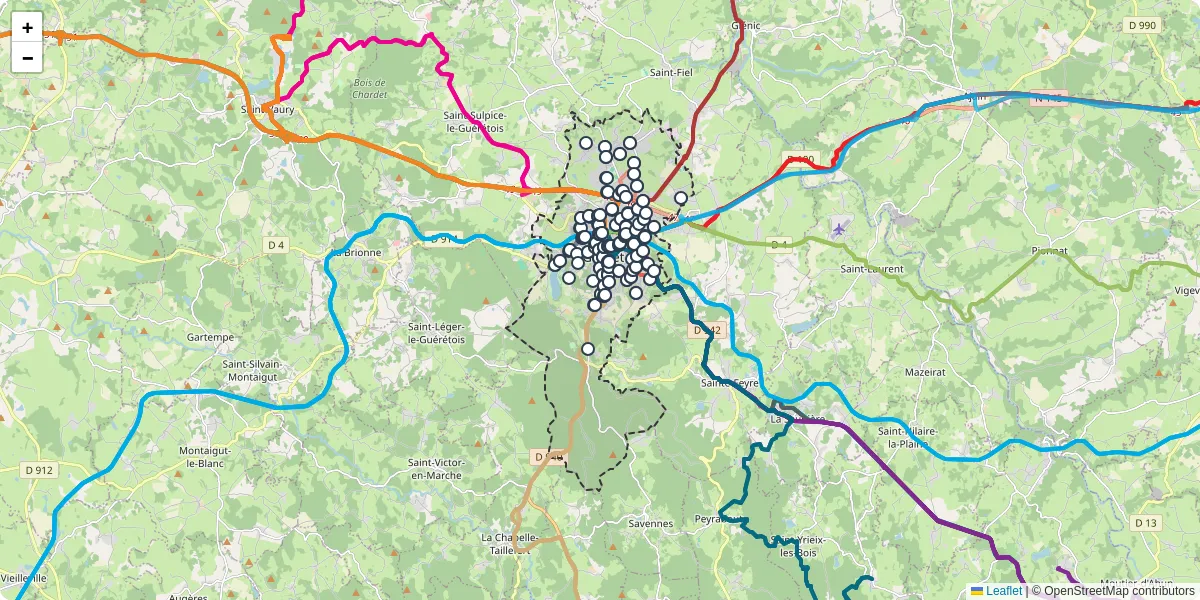 Carte du réseau de transport en commun à Guéret - lignes de bus et arrêts