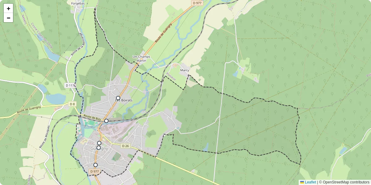 Carte du réseau de transport en commun à Guérigny - lignes de bus et arrêts