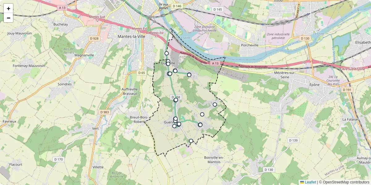 Carte du réseau de transport en commun à Guerville - lignes de bus et arrêts
