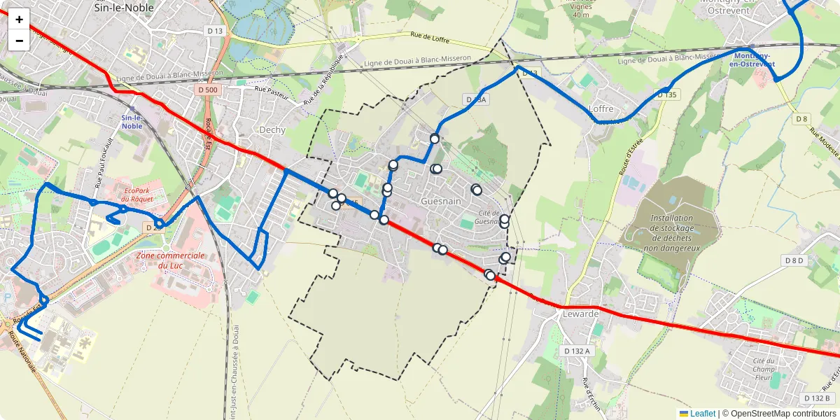 Carte du réseau de transport en commun à Guesnain - lignes de bus et arrêts