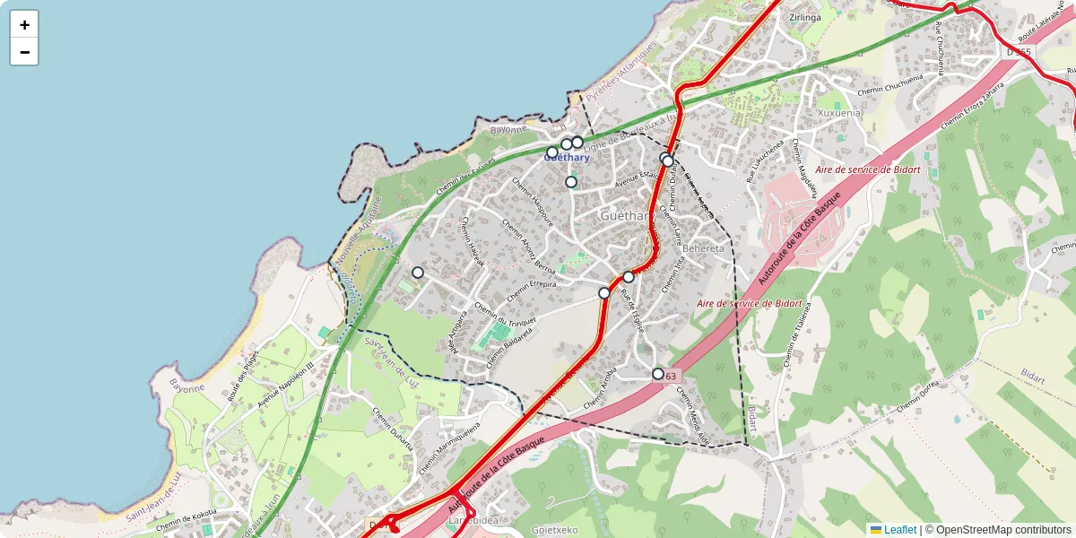 Carte du réseau de transport en commun à Guéthary - lignes de bus et arrêts