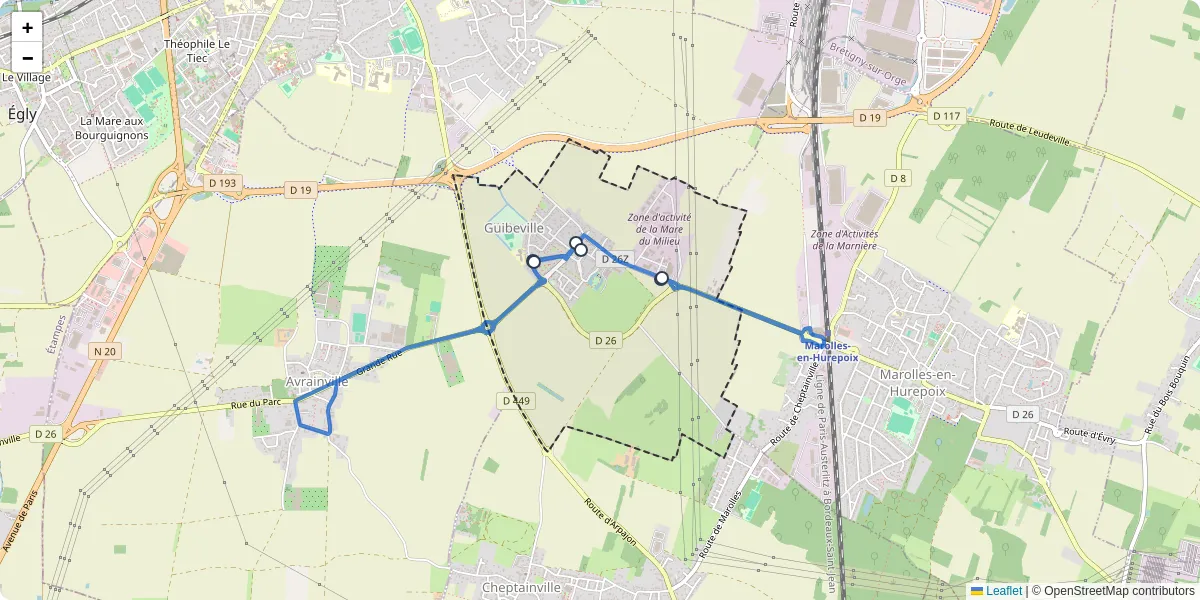 Carte du réseau de transport en commun à Guibeville - lignes de bus et arrêts