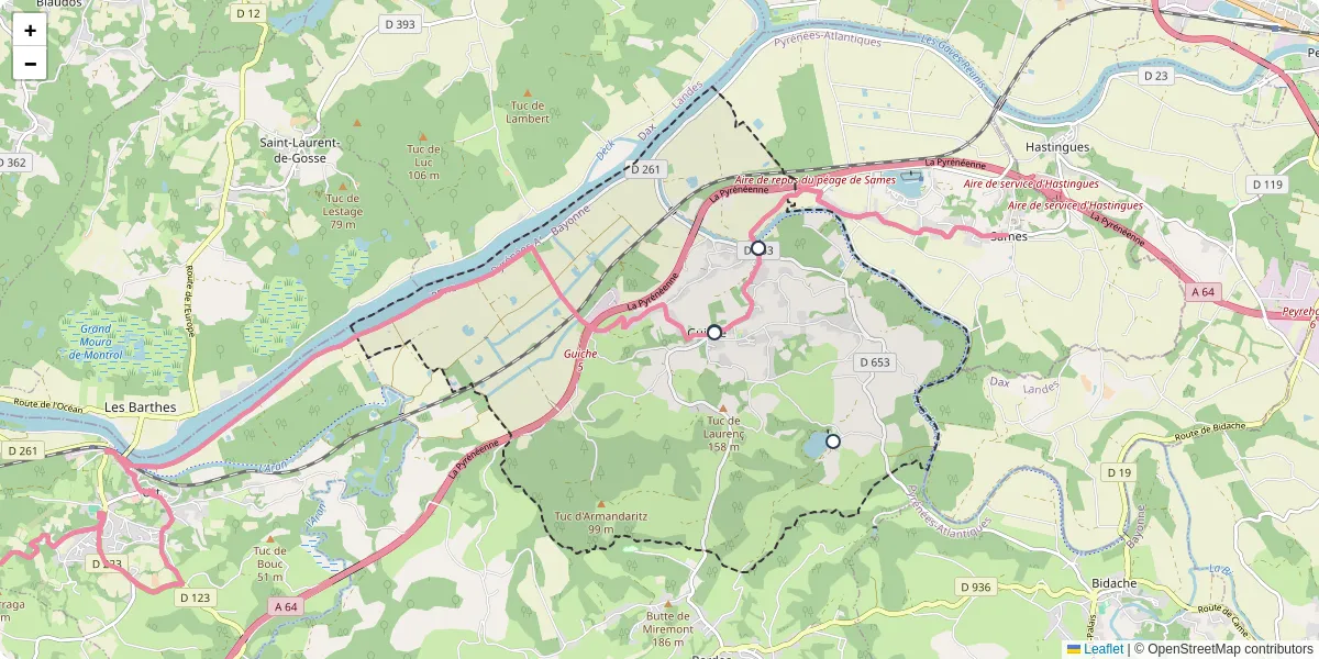 Carte du réseau de transport en commun à Guiche - lignes de bus et arrêts